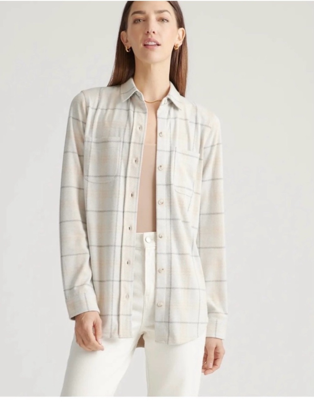Quince XL Beige plaid stretch sweater knit fleece soft cozy luxury button Shirt